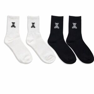 NWT Zenana White & Black Teddy Bear Crew Socks Minimal Cozy Aesthetic One Size
